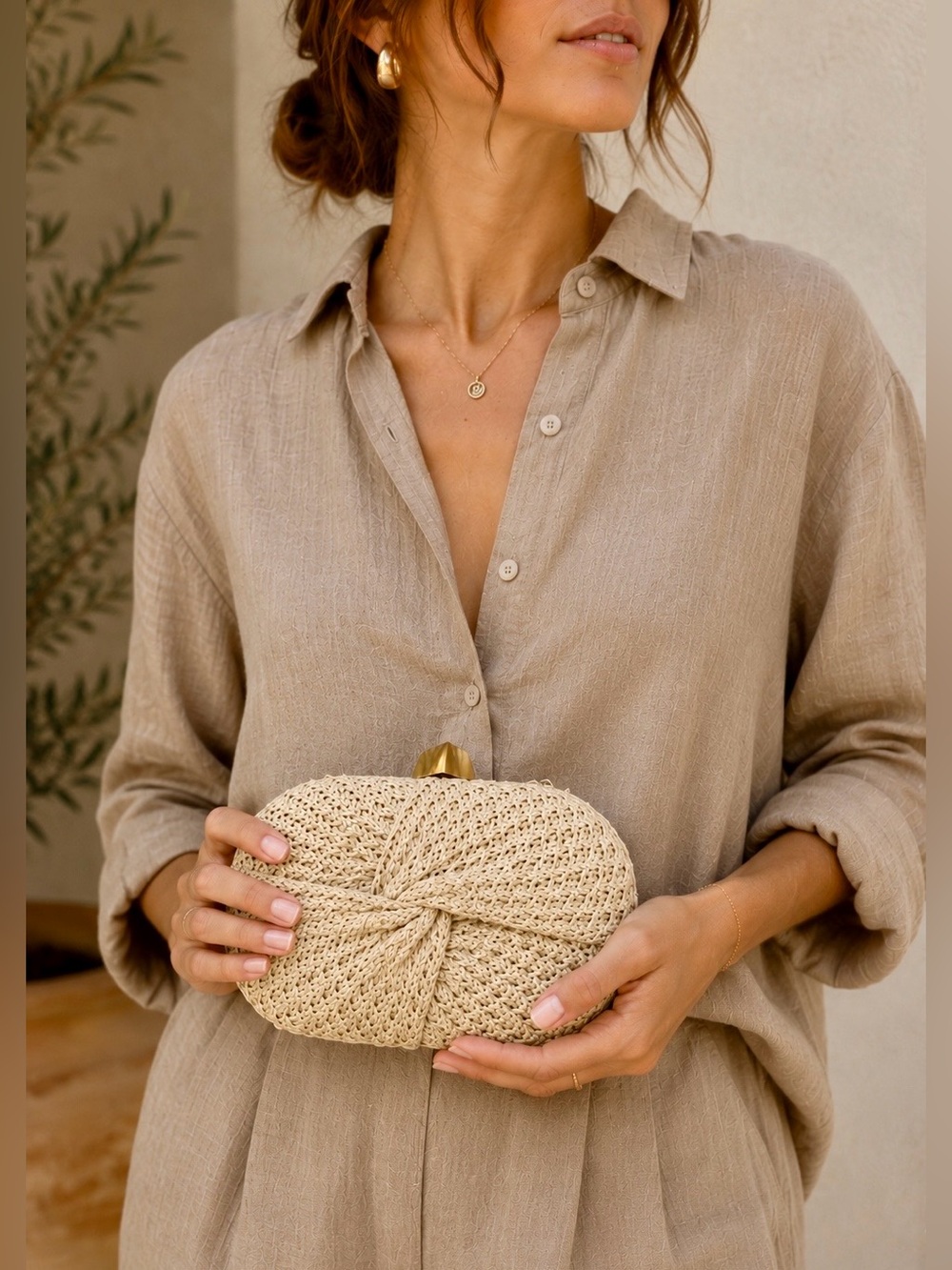 Haute Hippie Front Twist Straw Clutch Oval with Gold Top
